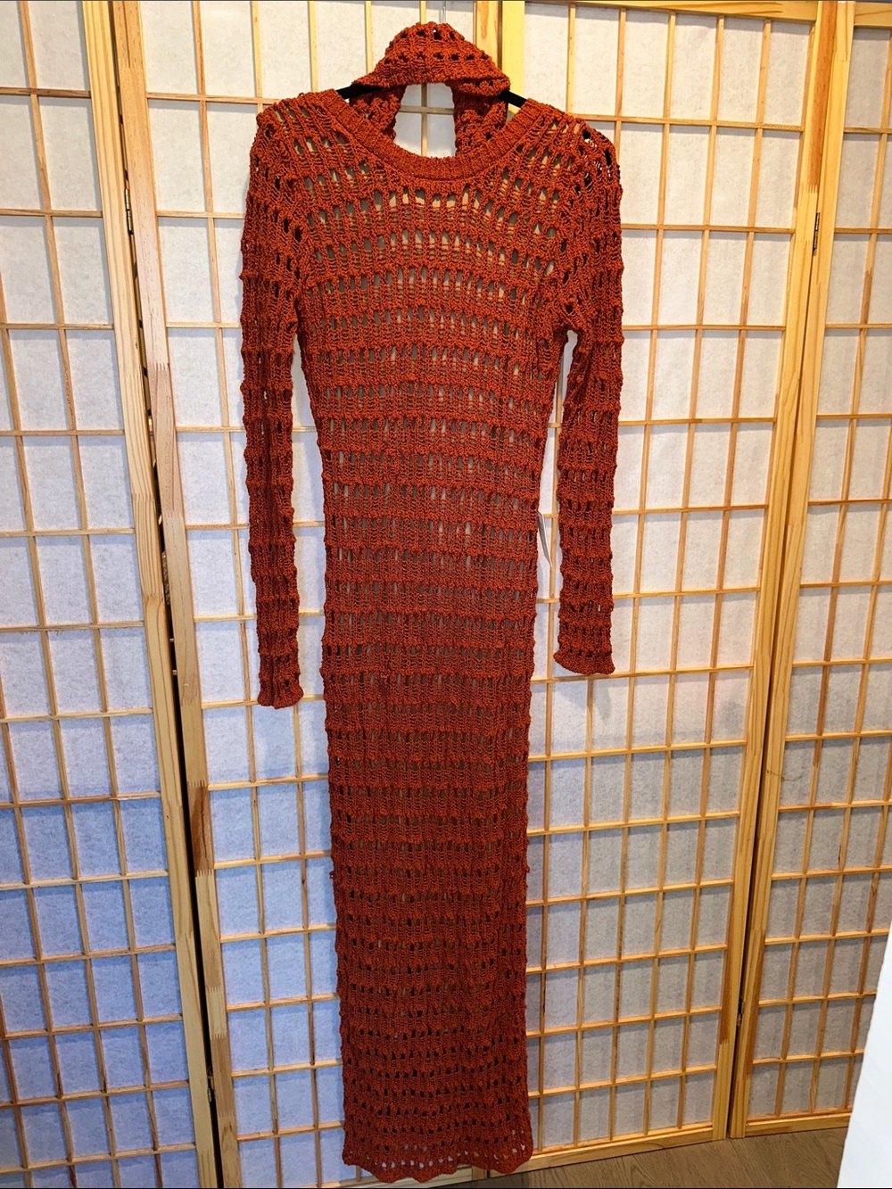 JLUXLABEL Rust Open-Weave Maxi Crochet Dress